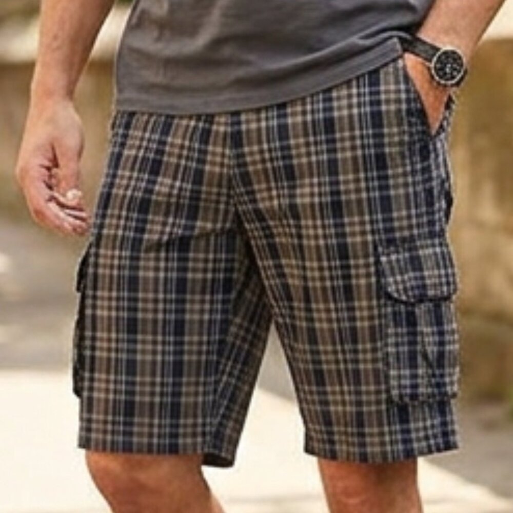 Perry Ellis Men's 38 Waist Cotton Checkered Cargo Shorts Navy Brown Preppy